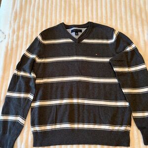 Tommy Hilfiger Charcoal Gray and Cream Striped V-Neck Sweater